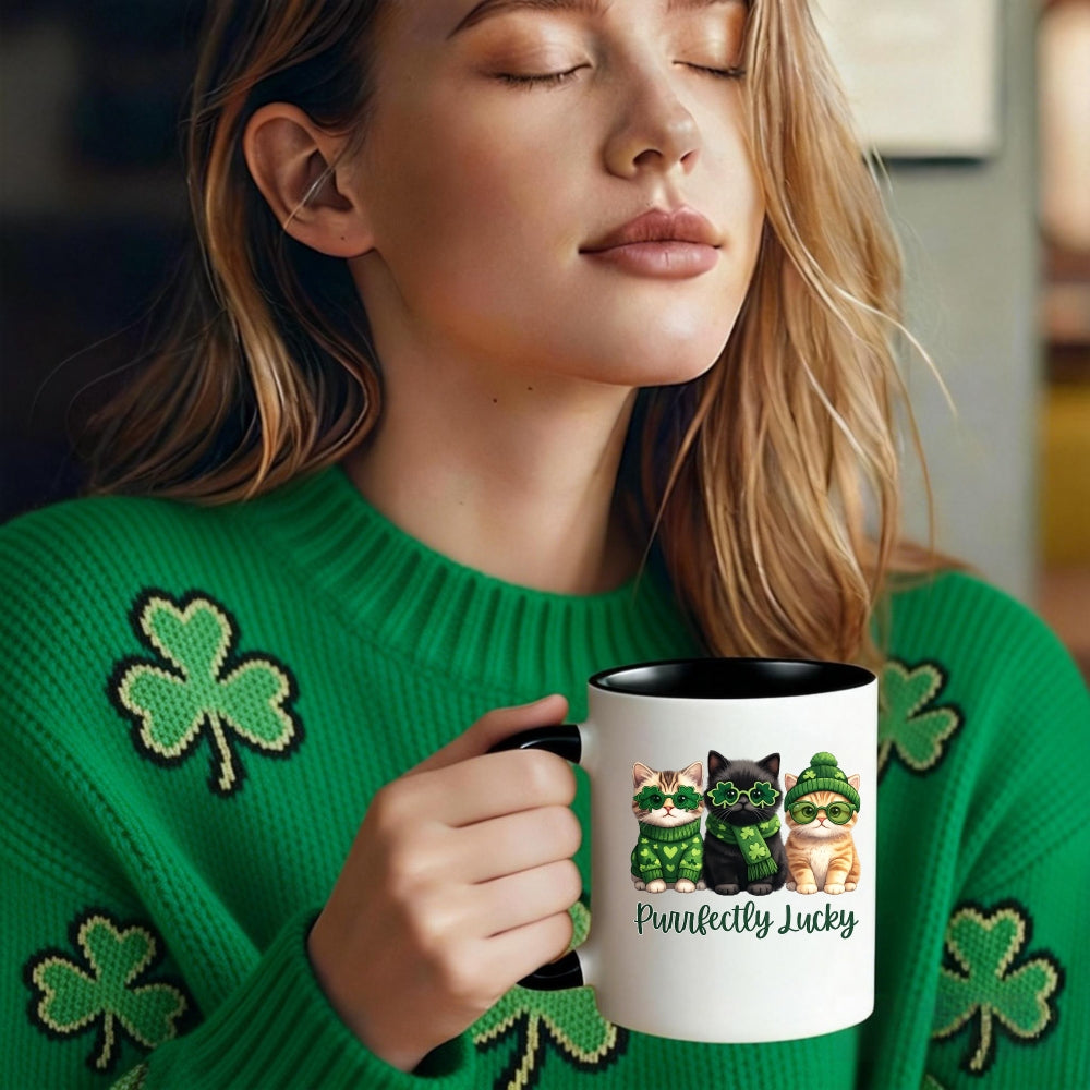 Tailorly Black Accent 11 oz Mug - wearing green hats and scarves with clover motif