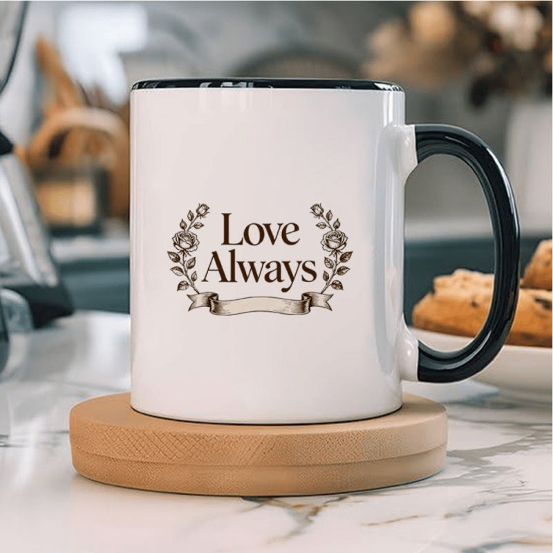 Tailorly Black Accent 11 oz Mug - elegant floral wreath with cursive love script