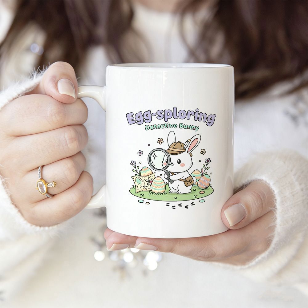 Tailorly White Ceramic 11 oz Mug - Egg-sploring Detective Bunny Adorable White Rabbit With Magnifying Glass Finding Colorful Decorated Easter Eggs Bunny