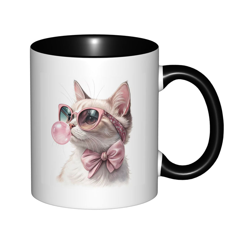 Tailorly Black Accent 11 oz Mug - retro pink sunglasses cat feline art cute animal print