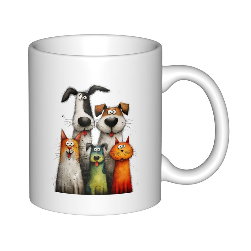 Tailorly White Ceramic 11 oz Mug - Whimsical Group Of Diverse Dogs And Cats With Expressive Eyes Pets