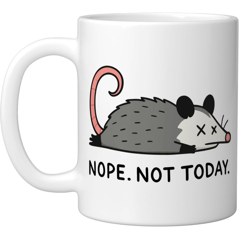 Tailorly White Ceramic 11 oz Mug - Nope Not Today Exhausted Cartoon Opossum Lying Flat On Ground With Pink Tail Opossum