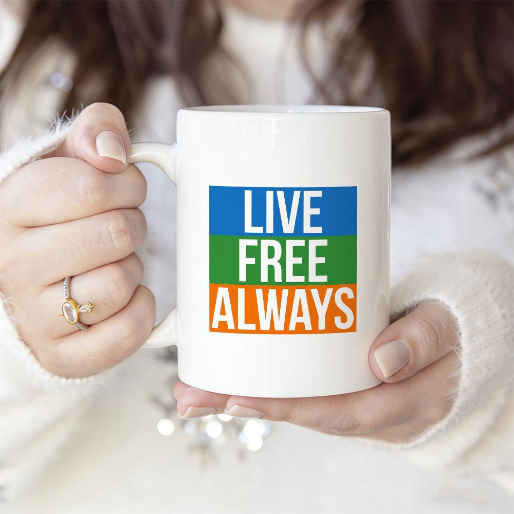 Tailorly White Ceramic 11 oz Mug - Live Free Always Minimalist Colorful Rectangular Blocks Printed Centrally On A Smooth