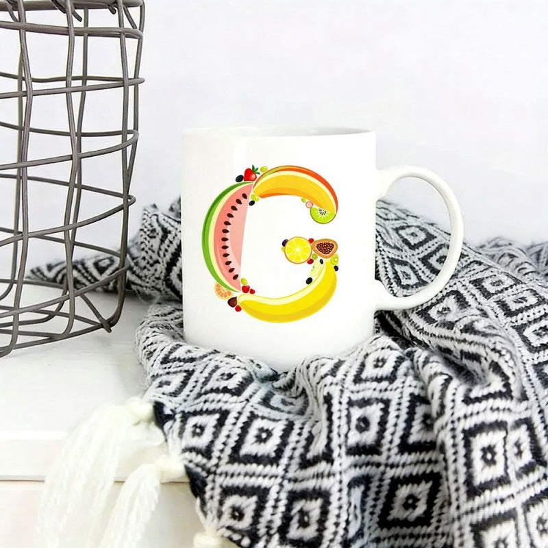 Tailorly White Ceramic 11 oz Mug - G Colorful Assorted Fruits Arranged Into A Creative Artistic Summer Tropical Letter G