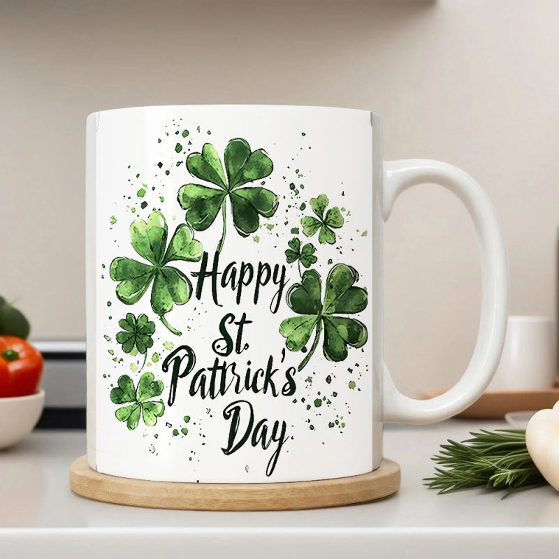 Tailorly White Ceramic 11 oz Mug - Happy St Patricks Day Vibrant Green Shamrocks Scattered With Artistic Black Ink Splashes Mug