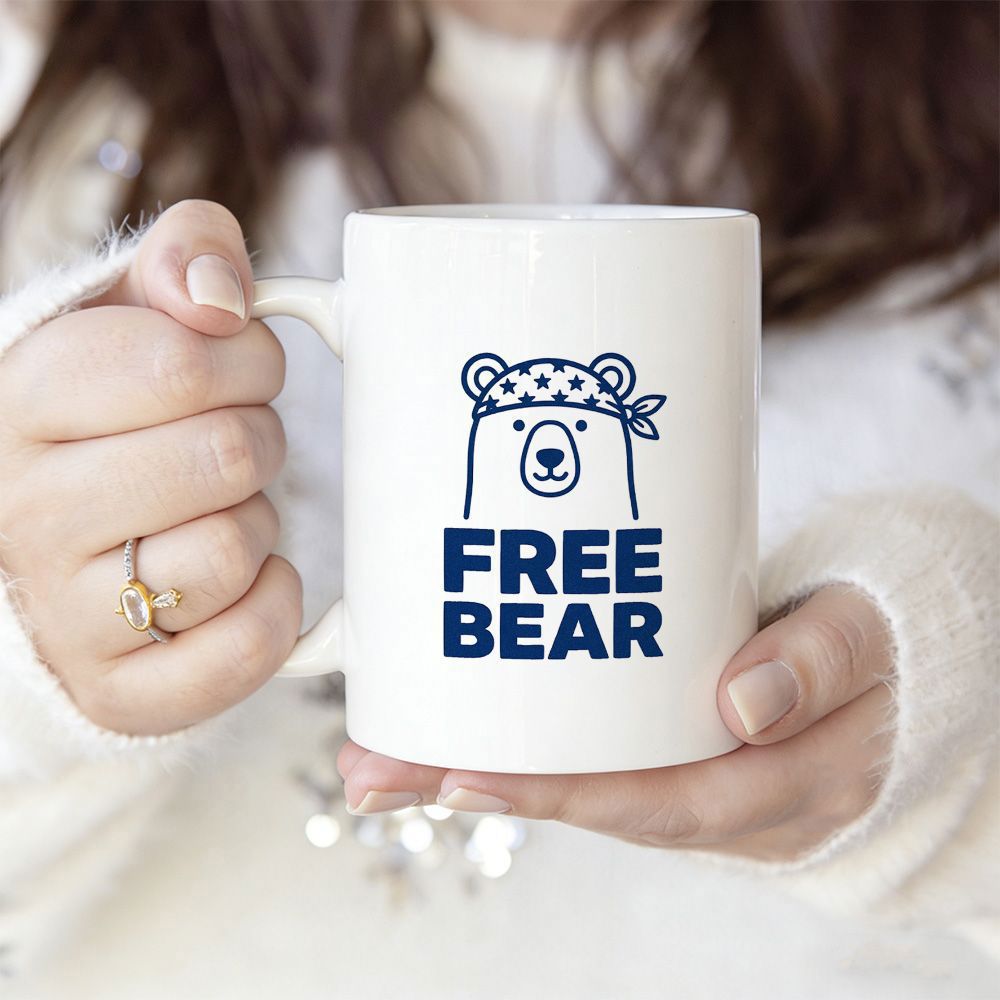 Tailorly White Ceramic 11 oz Mug - Free Bear Minimalist Navy Blue Line Art Wearing A Dotted Bandana Bear