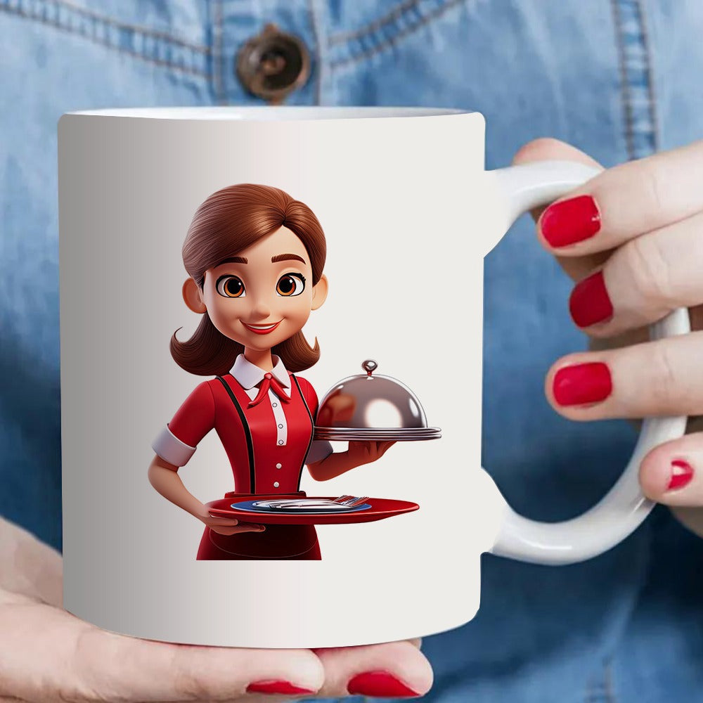 Tailorly White Ceramic 11 oz Mug - Smiling 3D Cartoon Character Wearing Red Uniform Carrying Silver Serving Platter Waitress