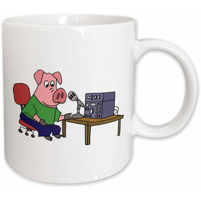 Tailorly White Ceramic 11 oz Mug - Cartoon Character Sitting At A Wooden Desk Using Vintage Radio Equipment Pig