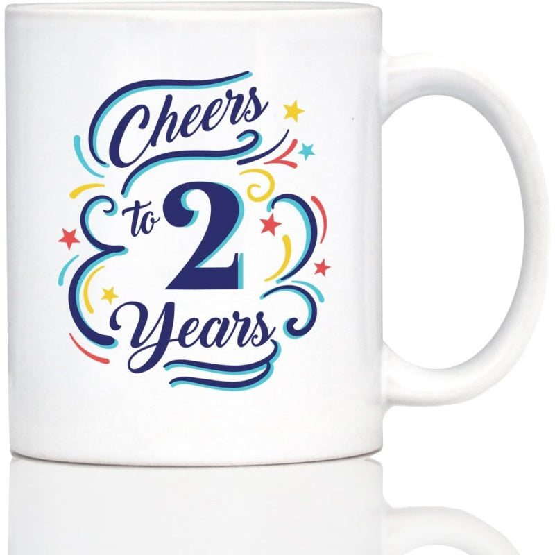 Tailorly White Ceramic 11 oz Mug - Cheers To 2 Years Colorful Festive Swirls With Bright Stars Marking Second Anniversary Celebration Mug