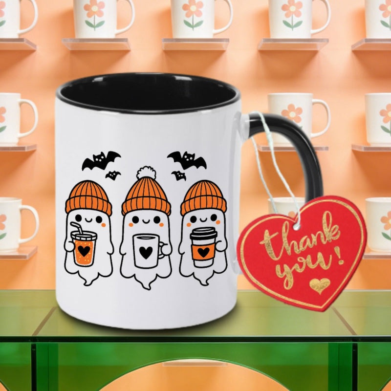 Tailorly Black Accent 11 oz Mug - ghosts wearing beanies