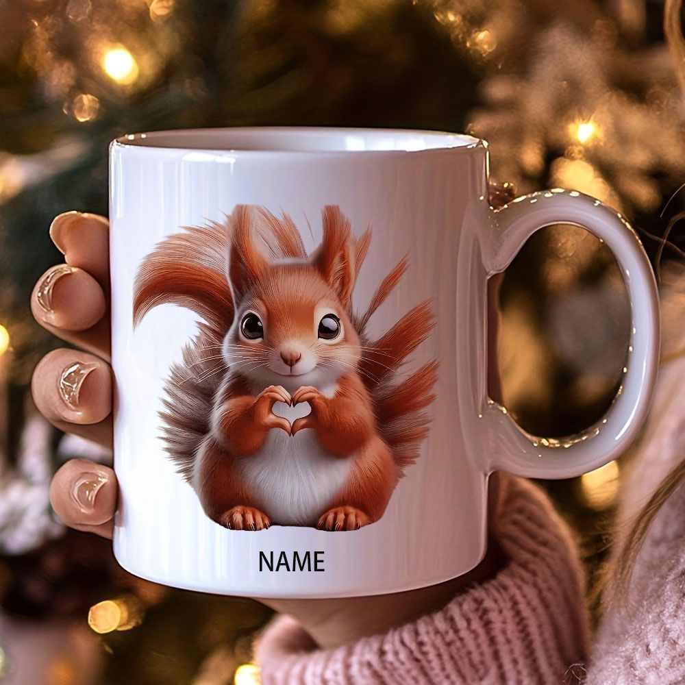 Tailorly White Ceramic 11 oz Mug - Name Cute Fluffy Red Animal With Bushy Tail Making Heart Gesture Squirrel