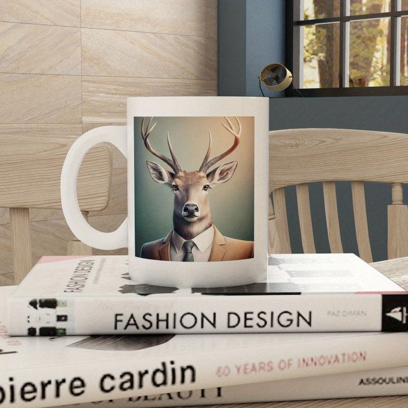 Tailorly White Ceramic 11 oz Mug - Elegant Anthropomorphic Buck Wearing Classic Formal Suit And Tie Deer