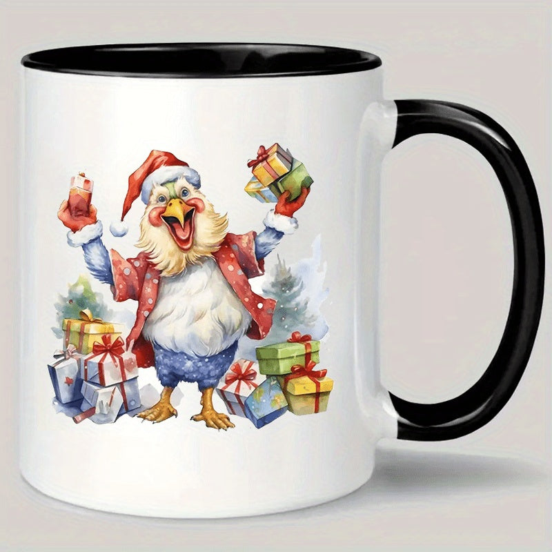 Tailorly Black Accent 11 oz Mug - cartoon bird with christmas hat and gift