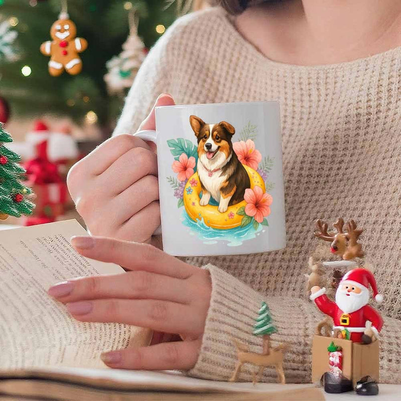 Tailorly White Ceramic 11 oz Mug - Adorable Fluffy Dog Sitting In Yellow Inner Tube Among Vibrant Tropical Flowers Corgi