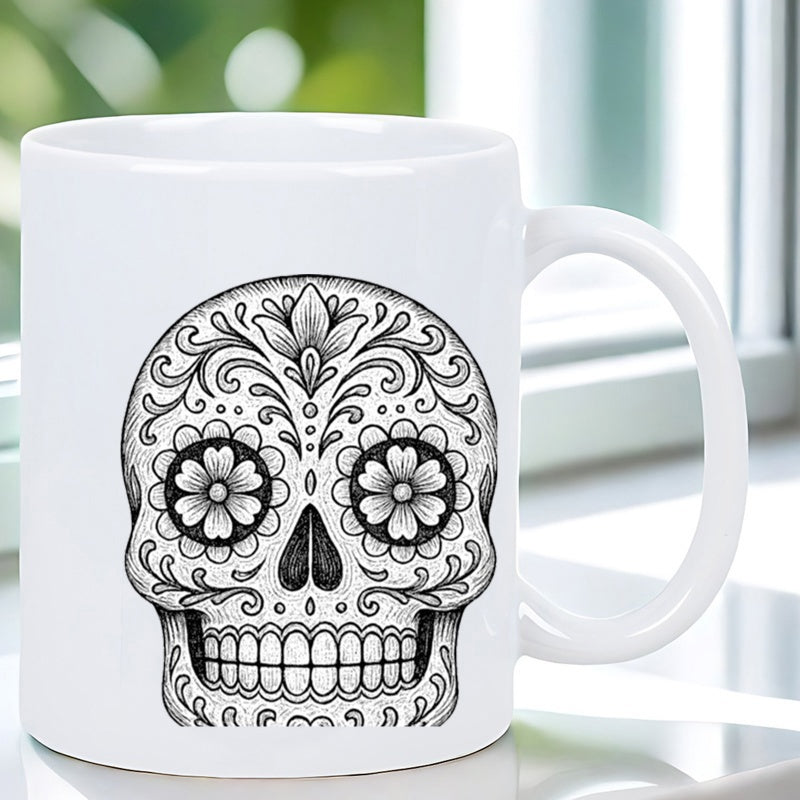Tailorly White Ceramic 11 oz Mug - Intricate Traditional Mexican Calavera Design Featuring Floral Patterns And Symmetrical Details Skull