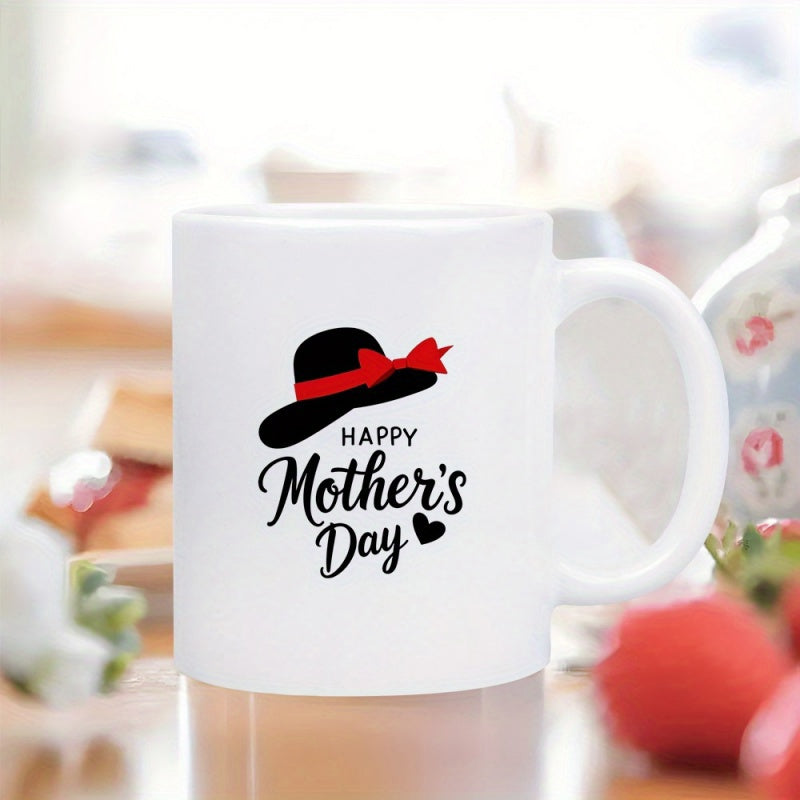 Tailorly White Ceramic 11 oz Mug - Happy Mothers Day Elegant Vintage Style Black Sun Accessory With A Vibrant Red Ribbon Bow Hat