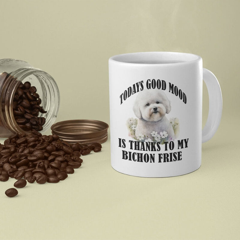 Tailorly White Ceramic 11 oz Mug - Todays Good Mood Is Thanks To My Bichon Frise Fluffy White Puppy Sitting Among Tiny Spring Flowers Bichon Frise