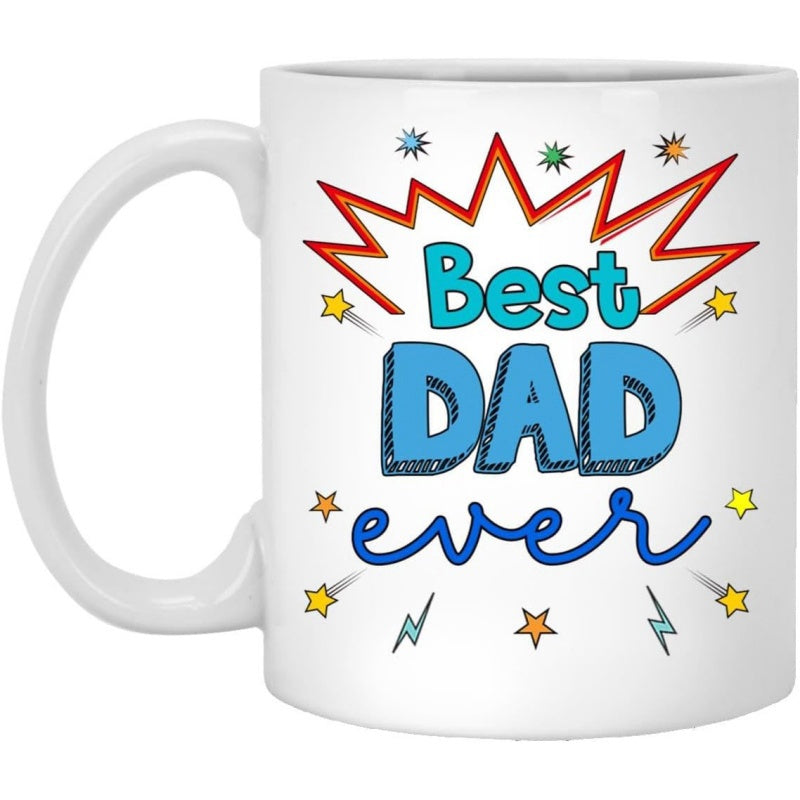 Tailorly White Ceramic 11 oz Mug - Best Dad Ever Vibrant Comic Style Burst With Sparkling Stars And Lightning Mug