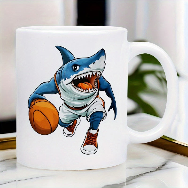 Tailorly White Ceramic 11 oz Mug - Athletic Cartoon Blue Shark Dribbling A Basketball Wearing Sneakers And Jersey Shark