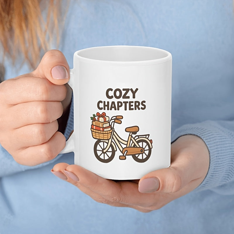 Tailorly White Ceramic 11 oz Mug - Cozy Chapters Vintage Bicycle Carrying Books And Small Bear In Front Basket Bicycle