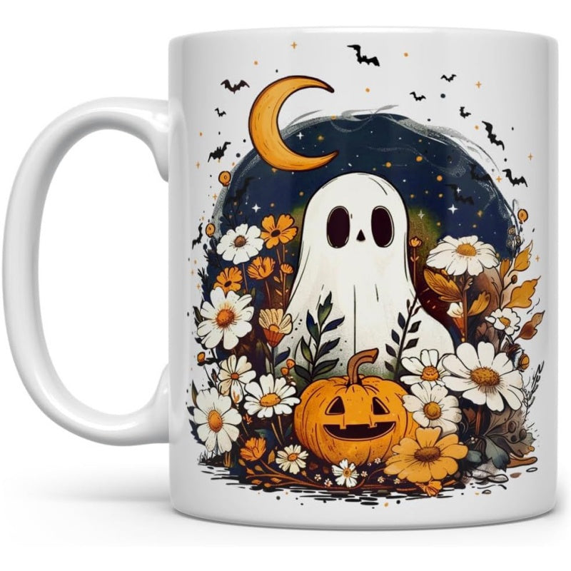 Tailorly White Ceramic 11 oz Mug - Floral Garden At Night With Carved Pumpkin And Spooky Cute Ghost