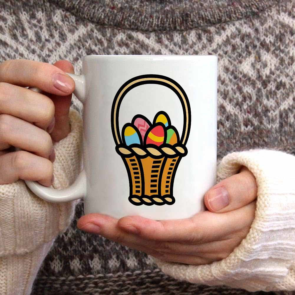Tailorly White Ceramic 11 oz Mug - Colorful Decorated Easter Eggs Resting Inside A Woven Brown Wicker Basket