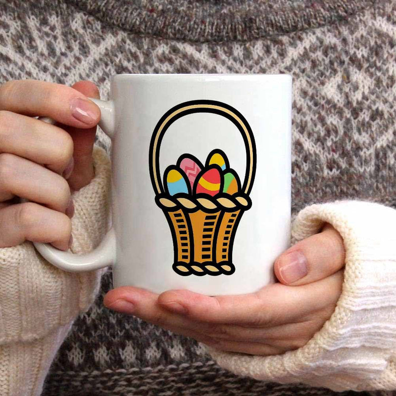 Tailorly White Ceramic 11 oz Mug - Colorful Decorated Easter Eggs Resting Inside A Woven Brown Wicker Basket