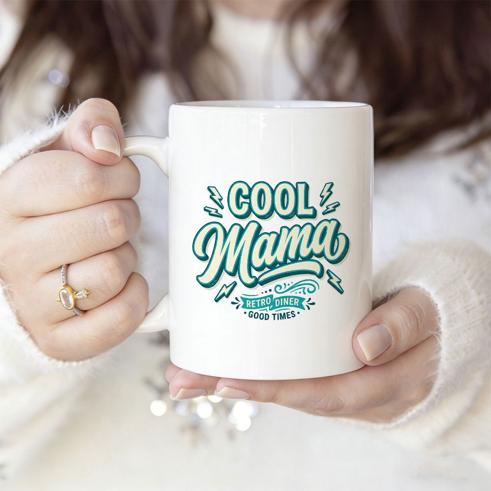 Tailorly White Ceramic 11 oz Mug - Cool Mama Great Coffee Good Times Stylized Typography Design With Lightning Bolts And Elegant Green Swirls Mug