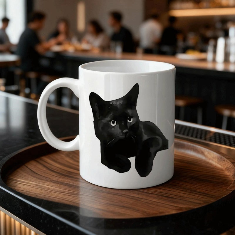 Tailorly White Ceramic 11 oz Mug - Sleek Hand Painted Style Black Feline Resting Comfortably Cat