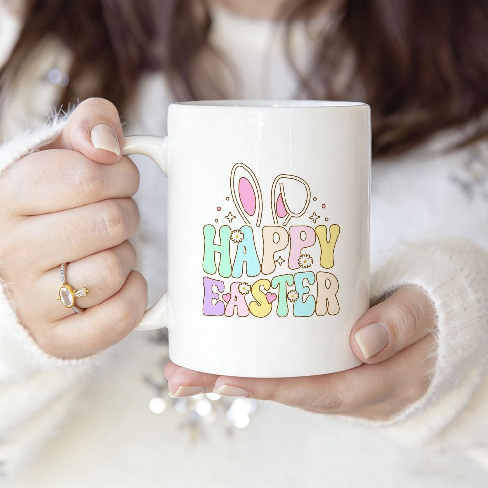 Tailorly White Ceramic 11 oz Mug - Happy Easter Pastel Colored Bubbly Typography With Cute Ears And Twinkling Magic Sparkles Bunny