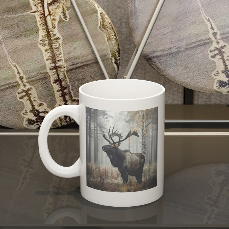 Tailorly White Ceramic 11 oz Mug - Majestic Wild Elk Standing Within A Misty Forest Among Autumn Trees Elk