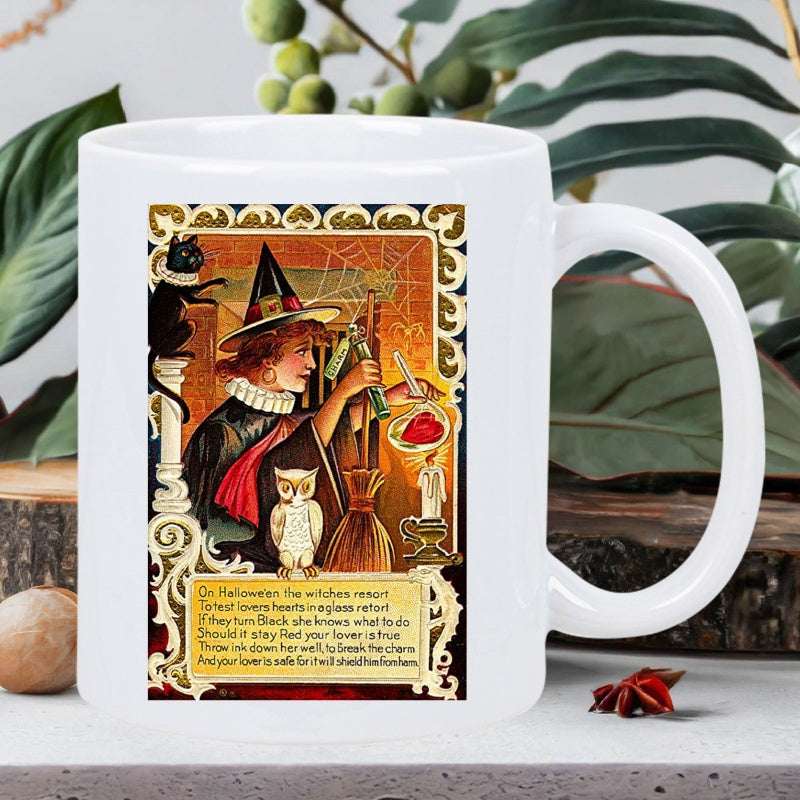 Tailorly White Ceramic 11 oz Mug - On Halloween Vintage Victorian Postcard Illustration Featuring Owl And Black Cat Witch