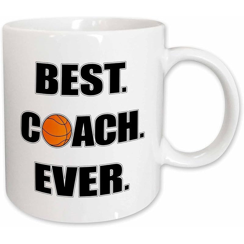 Tailorly White Ceramic 11 oz Mug - Best Coach Ever Vibrant Orange Textured Basketball Set Within Bold Black Block Lettering Coach