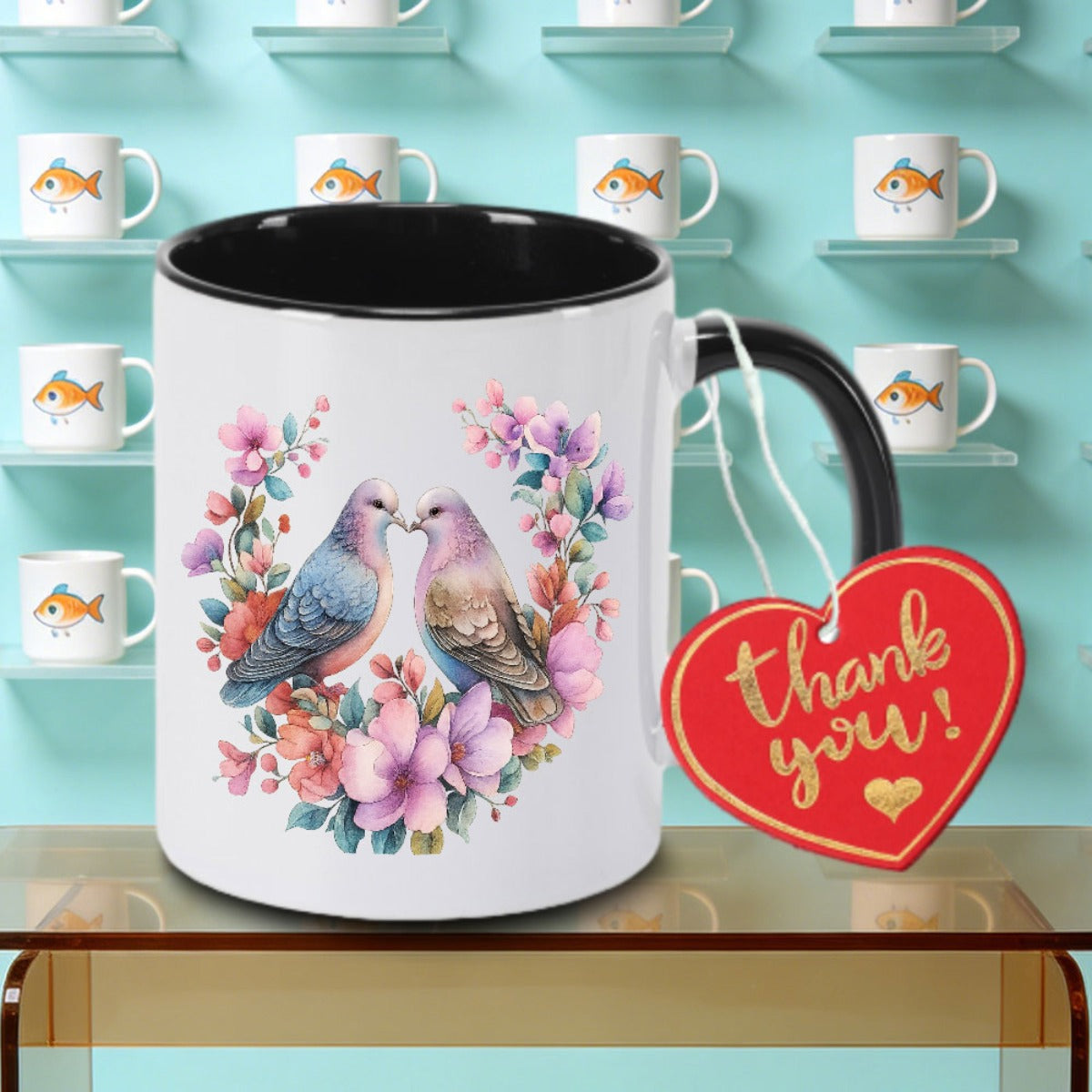 Tailorly Black Accent 11 oz Mug - bird and text "Tea Milk Or Water"