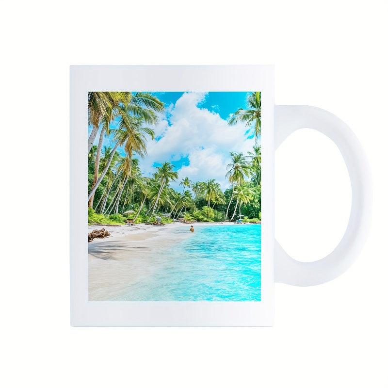 Tailorly White Ceramic 11 oz Mug - Tropical Beach With Tall Palm Trees Under Clear Turquoise Ocean Waters Landscape