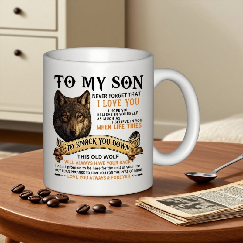 Tailorly White Ceramic 11 oz Mug - To My Son I Love You Majestic Brown Wild Wolf Head With Deep Piercing Eyes Wolf