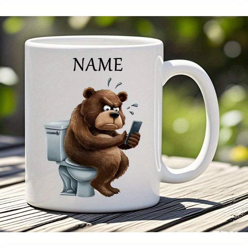 Tailorly White Ceramic 11 oz Mug - Name Angry Grumpy Brown Bear Sitting On A Ceramic Toilet Using A Smartphone Bear