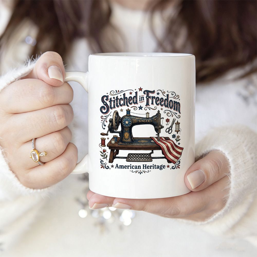 Tailorly White Ceramic 11 oz Mug - Stitched In Freedom American Heritage Vintage Iron Tool Among Patriotic Stars And Stripped Fabric Sewing Machine