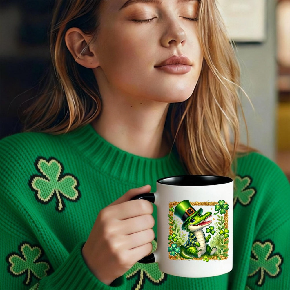 Tailorly Black Accent 11 oz Mug - leprechaun with shamrocks and hat