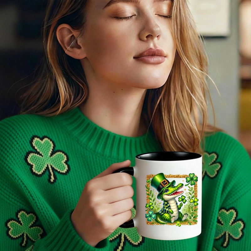 Tailorly Black Accent 11 oz Mug - leprechaun with shamrocks and hat