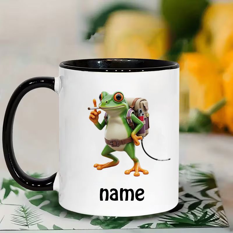 Tailorly Black Accent 11 oz Mug - 3d cartoon frog with white belly and orange webbed feet