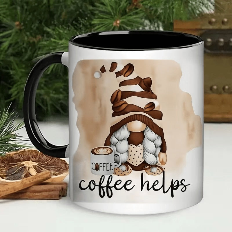 Tailorly Black Accent 11 oz Mug - cute gnome with coffee bean hat