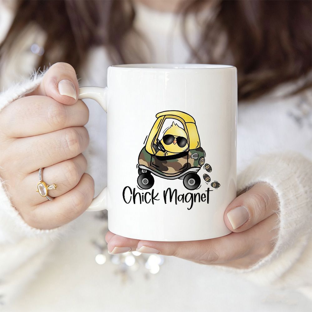Tailorly White Ceramic 11 oz Mug - Chick Magnet Cool Yellow Bird Wearing Sunglasses Driving Camouflage Utility Vehicle Chick