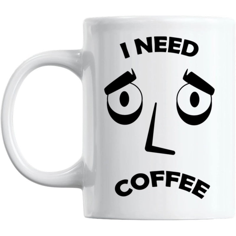 Tailorly White Ceramic 11 oz Mug - I Need Coffee Minimalist Sketch Featuring Tired Droopy Eyes And Long Nose Face