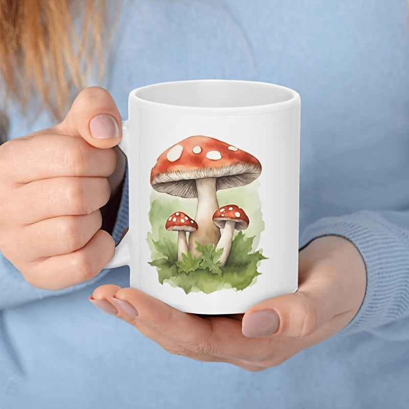 Tailorly White Ceramic 11 oz Mug - Watercolor Painted Red Spotted Fungi Growing Among Lush Green Leaves Mushroom
