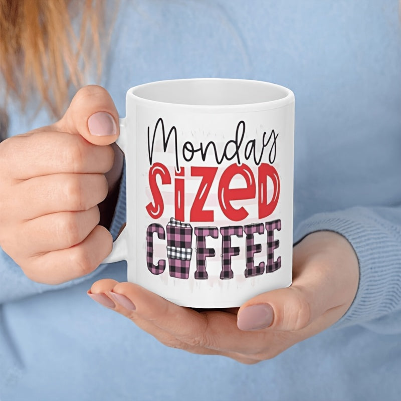 Tailorly White Ceramic 11 oz Mug - Monday Sized Coffee Bold Artistic Typography Featuring Playful Red Letters And Plaid Textures Coffee