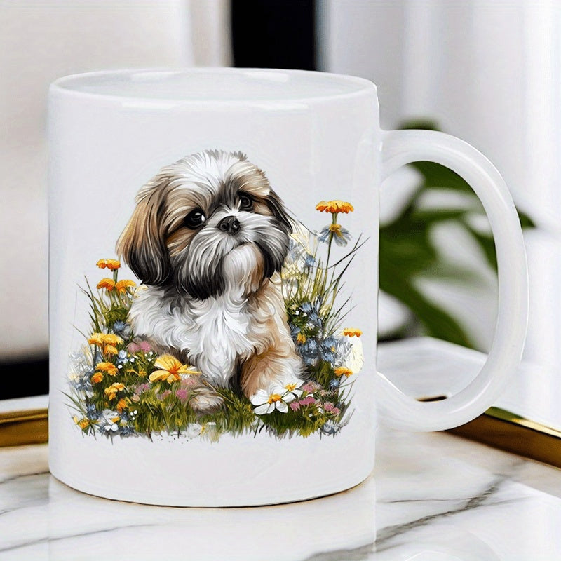 Tailorly White Ceramic 11 oz Mug - Adorable Fluffy Puppy Sitting Among Beautiful Vibrant Wildflowers In Bloom Shih Tzu