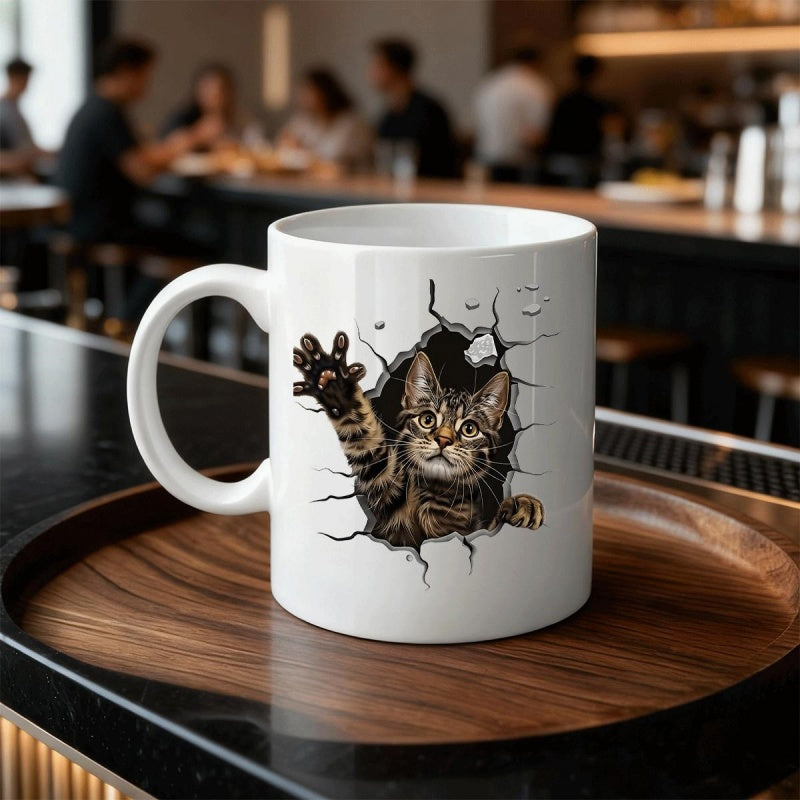 Tailorly White Ceramic 11 oz Mug - Playful Tabby Peeking Out From Realistic Dark Broken Crack Surface Cat