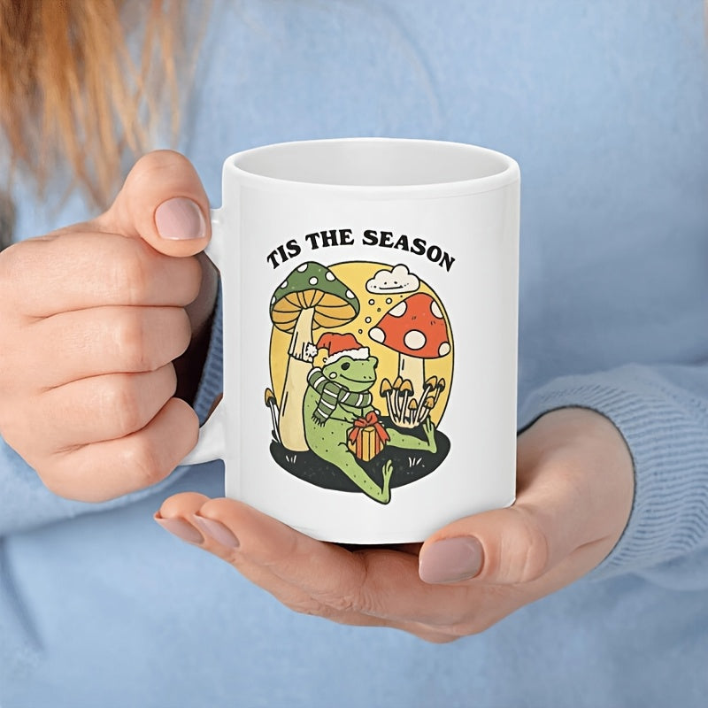 Tailorly White Ceramic 11 oz Mug - Tis The Season Festive Green Character In Santa Hat And Scarf Among Mushrooms Frog