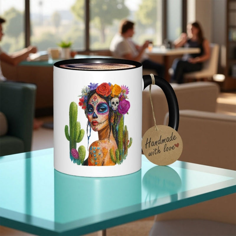 Tailorly Black Accent 11 oz Mug - colorful candy skull with floral and cactus design